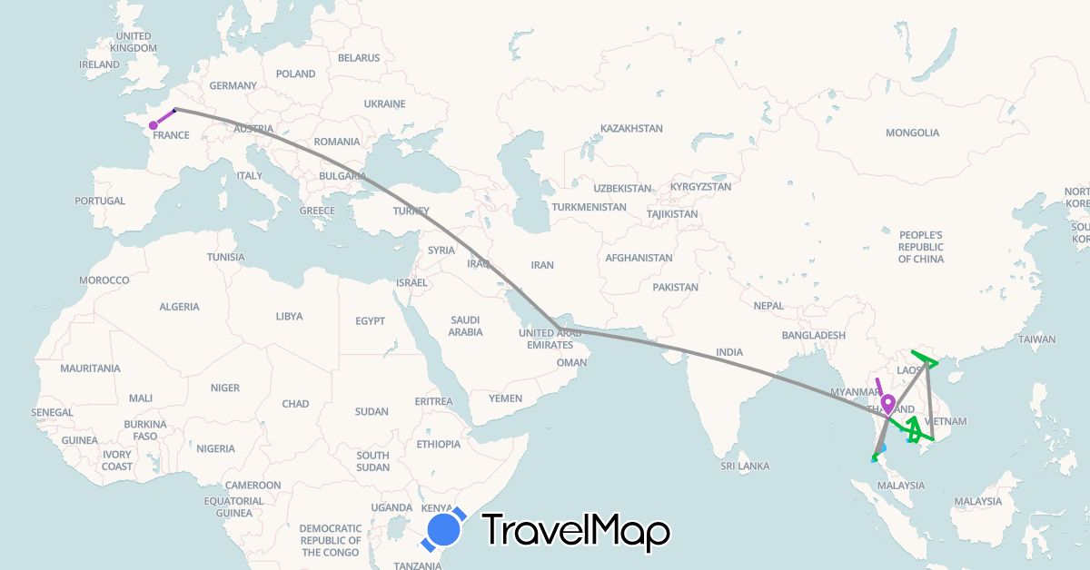 TravelMap itinerary: driving, bus, plane, train, boat in United Arab Emirates, France, Cambodia, Thailand, Vietnam (Asia, Europe)